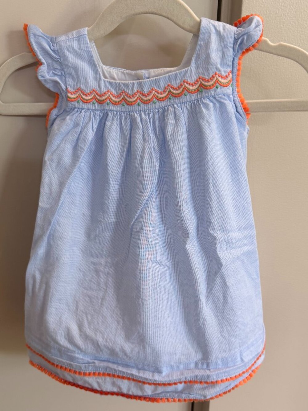 Janie and Jack Blue Embroidered Pom Pom Dress Girls 6-12 Months